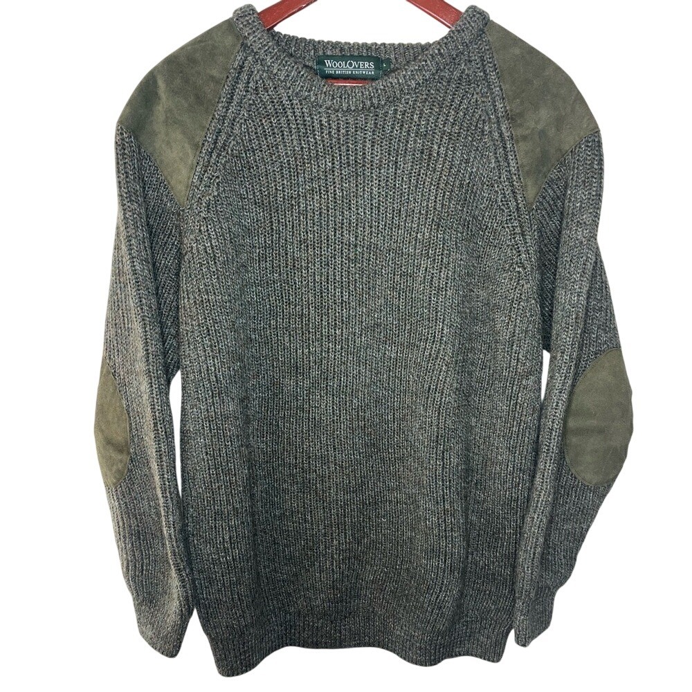WoolOvers Mens British Wool Sweater Olive Green Suede Patch Shooting Jumper L